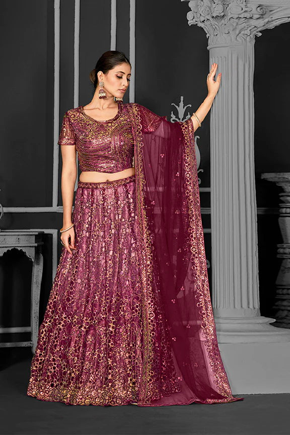 Elegant Net Lehenga Choli | Cord Floral Sequence Embroidery & Applique Work