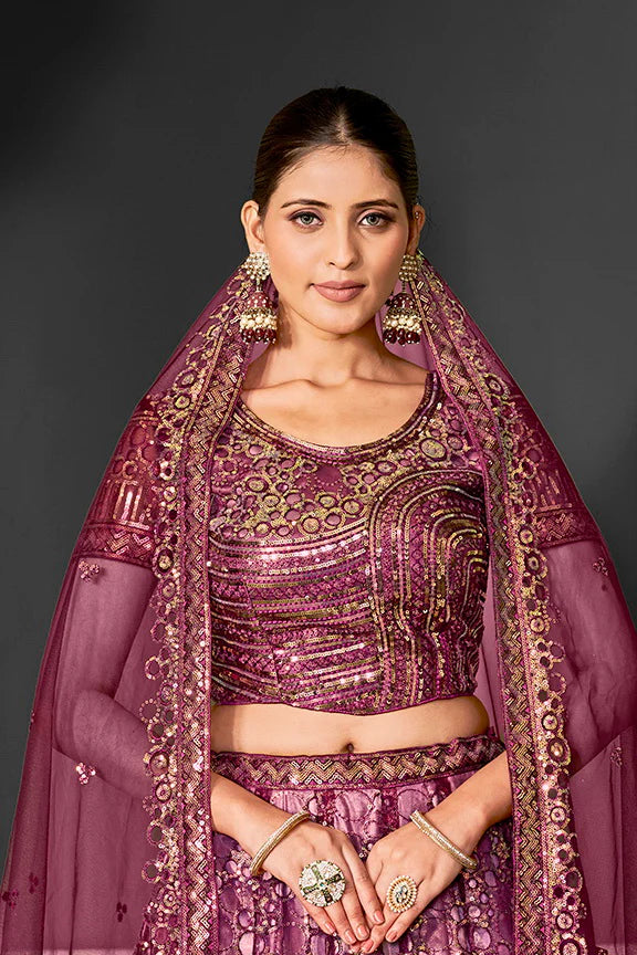 Elegant Net Lehenga Choli | Cord Floral Sequence Embroidery & Applique Work
