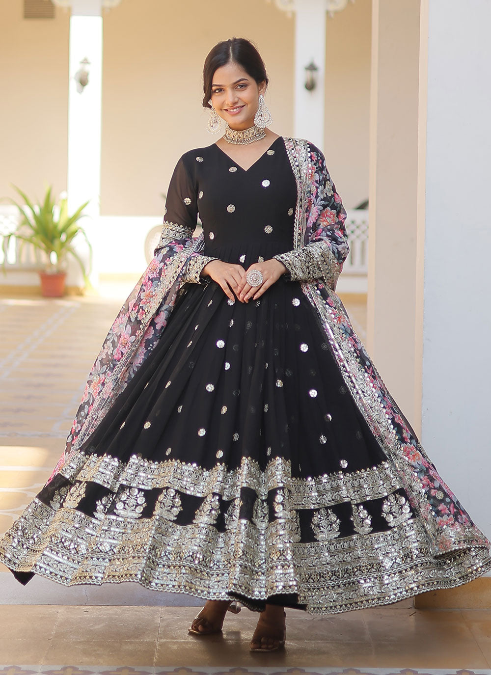 Designer Anarkali Gown | Printed Dupatta | Wedding Guest Ready