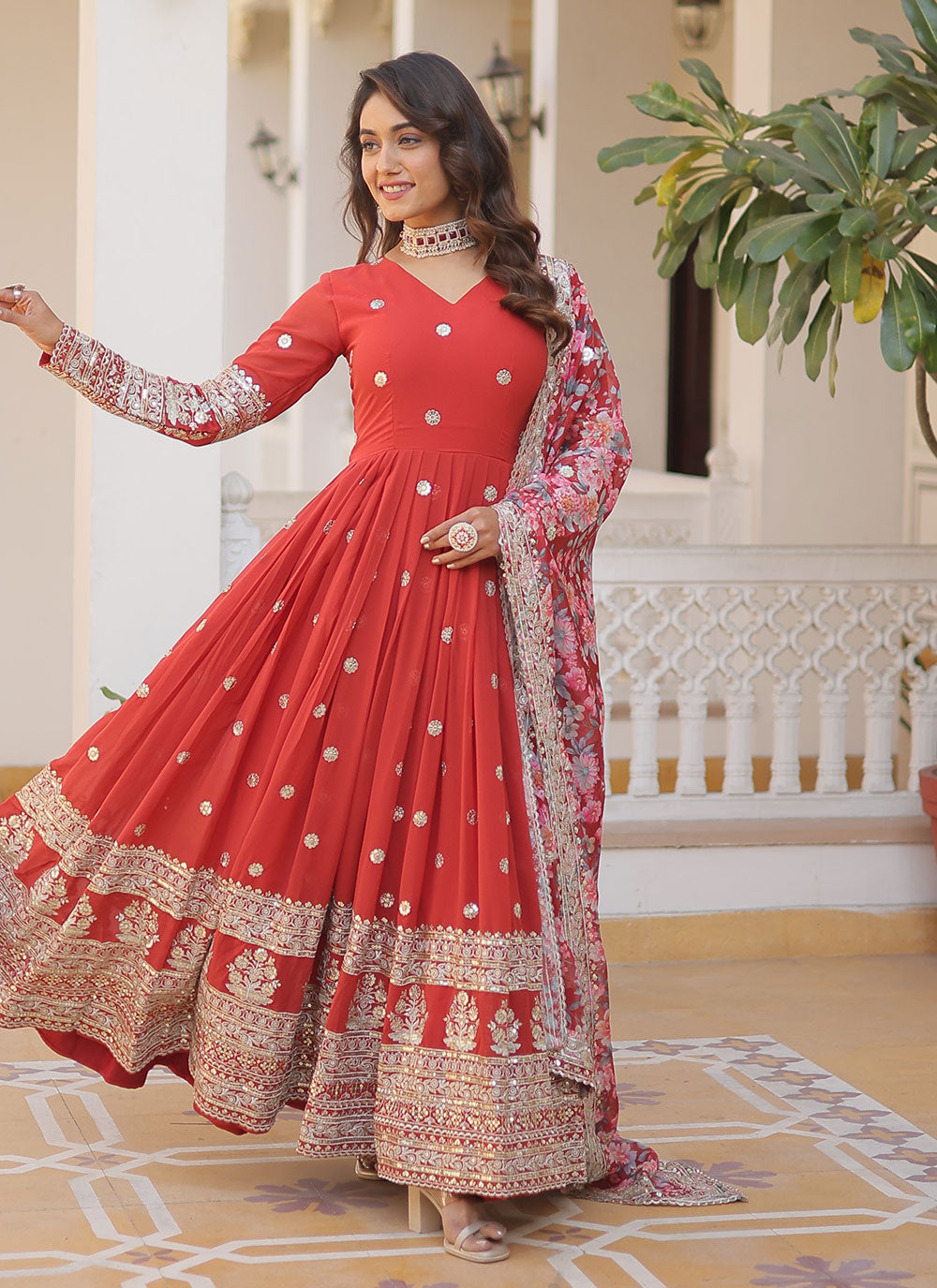 Designer Anarkali Gown | Printed Dupatta | Wedding Guest Ready