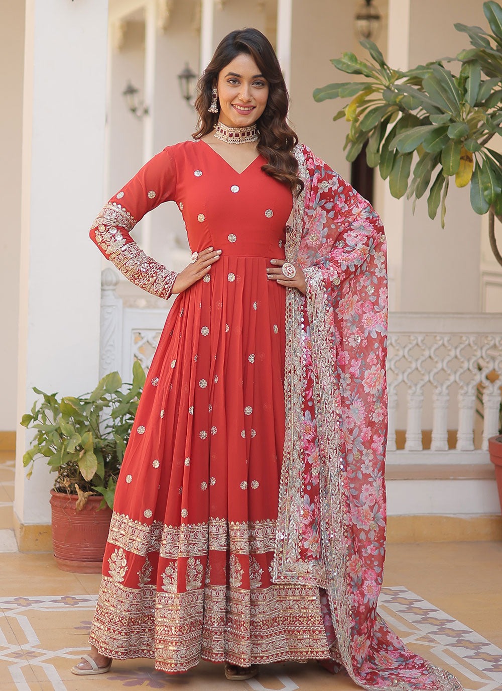 Designer Anarkali Gown | Printed Dupatta | Wedding Guest Ready