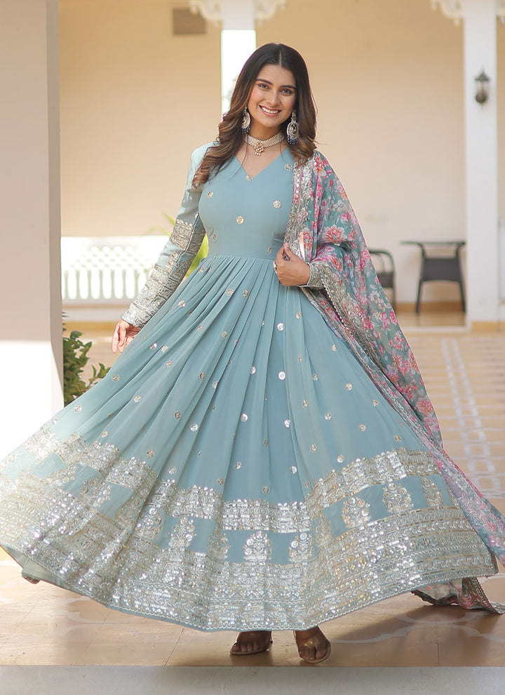 Designer Anarkali Gown | Printed Dupatta | Wedding Guest Ready
