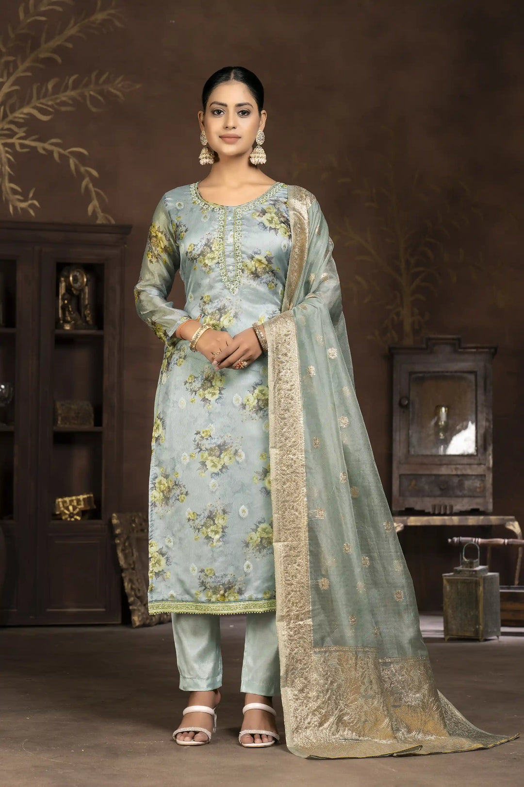 Designer Digital Printed Organza Suit | Santoon Bottom and Dupatta Set