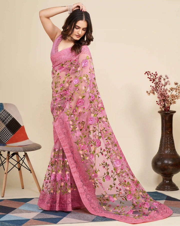Soft Net Saree with Mono Banglori Blouse | Multi-Thread Embroidery Work Traditional Look