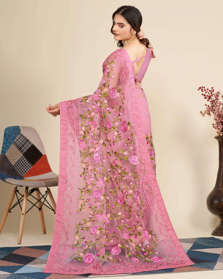 Soft Net Saree with Mono Banglori Blouse | Multi-Thread Embroidery Work Traditional Look