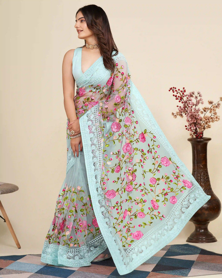 Soft Net Saree with Mono Banglori Blouse | Multi-Thread Embroidery Work Traditional Look