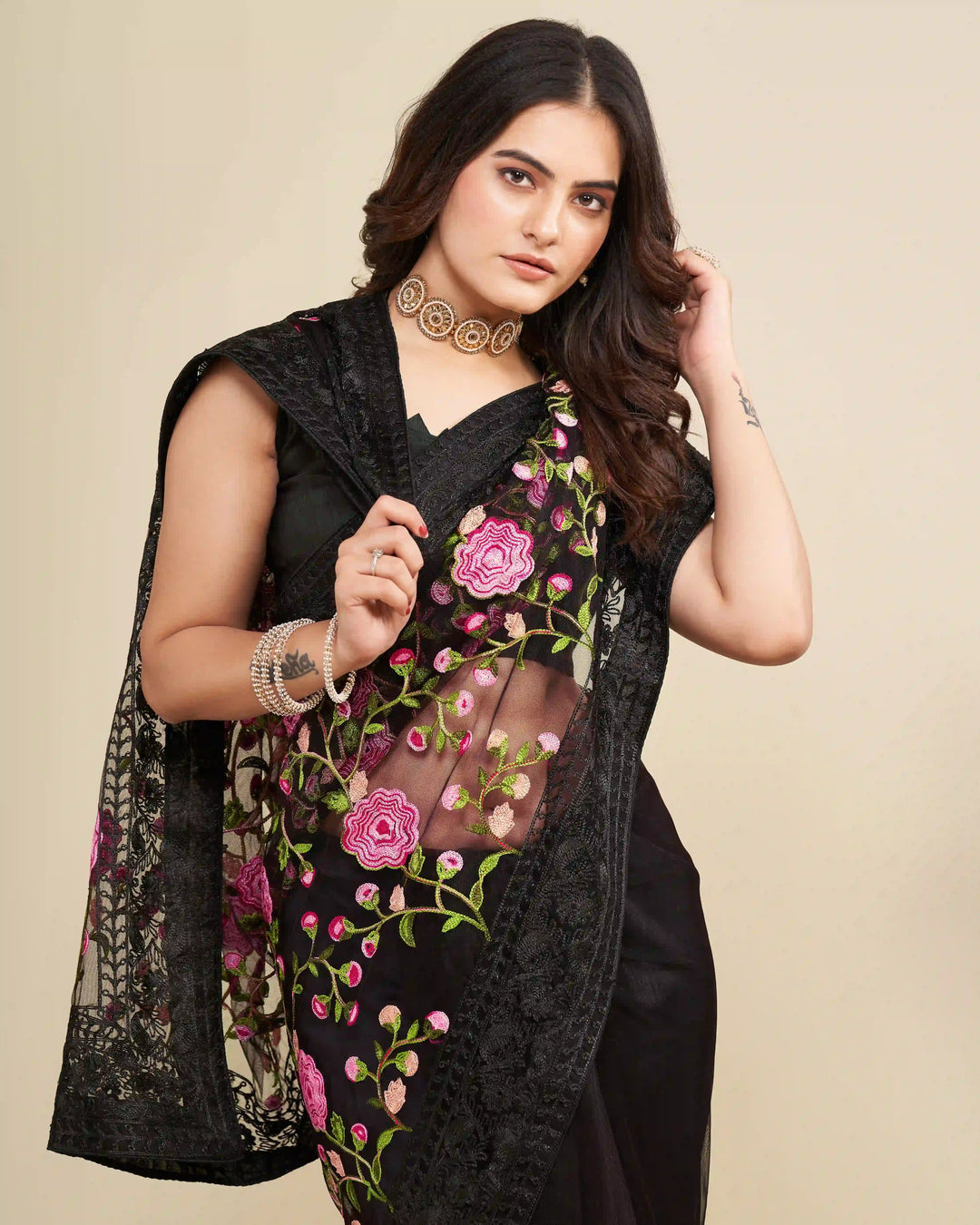 Soft Net Saree with Mono Banglori Blouse | Multi-Thread Embroidery Work Traditional Look