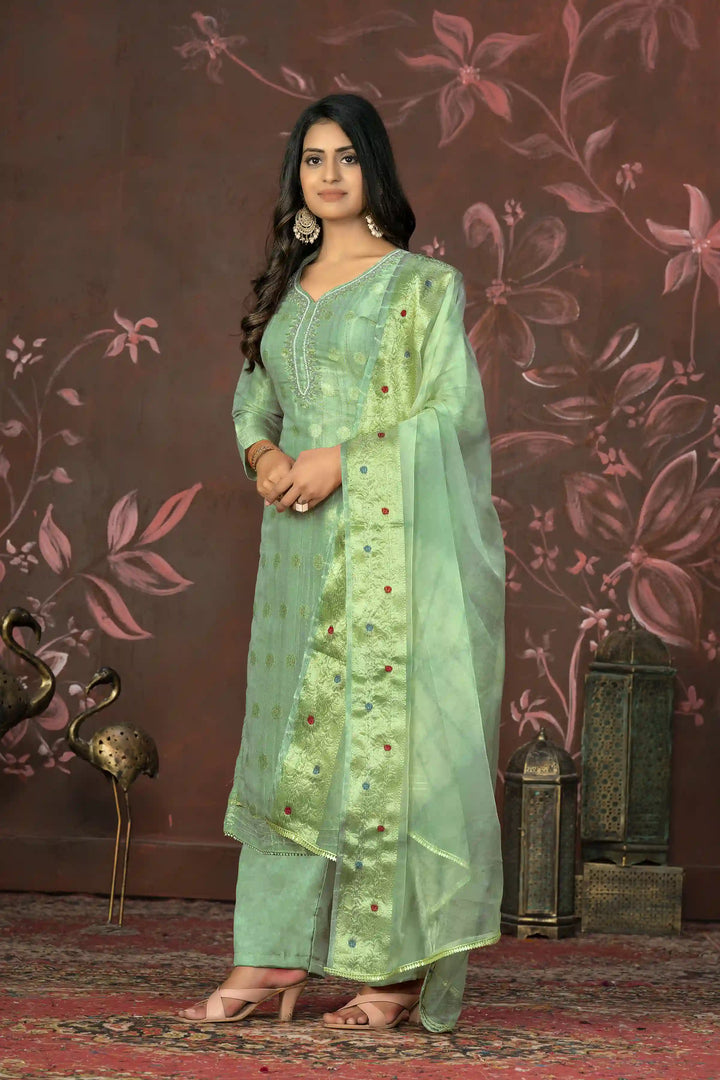 Organza Dupatta Suit | Elegant Modal Butti Top Paired with Santoon Bottom
