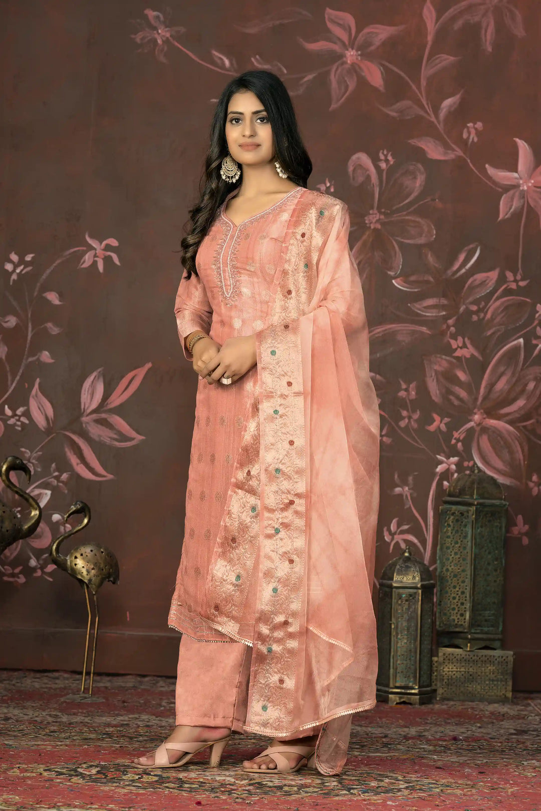 Organza Dupatta Suit | Elegant Modal Butti Top Paired with Santoon Bottom