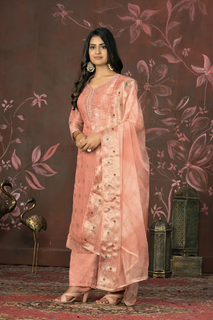 Organza Dupatta Suit | Elegant Modal Butti Top Paired with Santoon Bottom