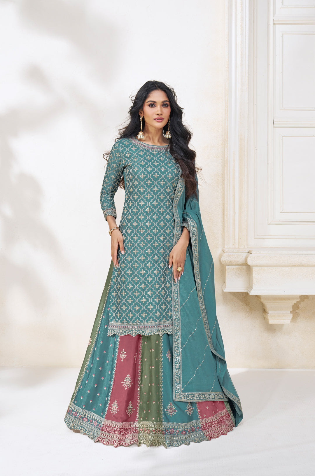 Designer Sharara Suits | Elegant Chinon Top with Dupatta Pair