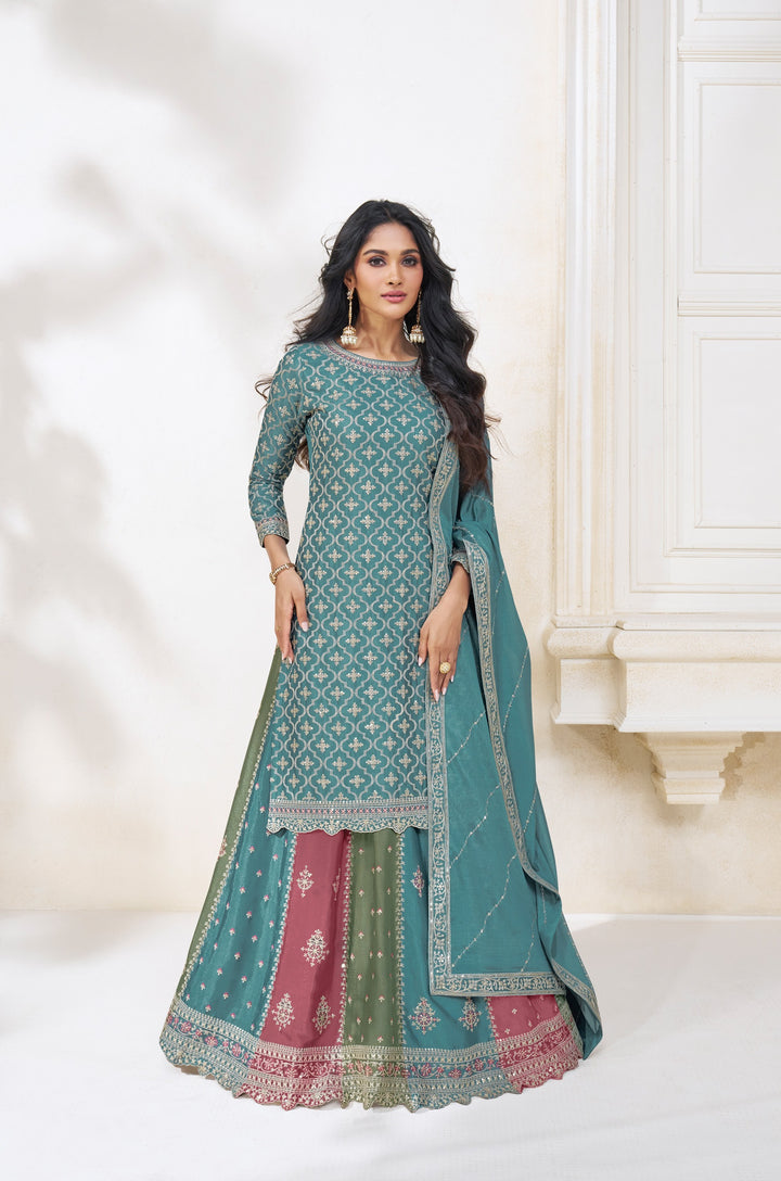 Designer Sharara Suits | Elegant Chinon Top with Dupatta Pair