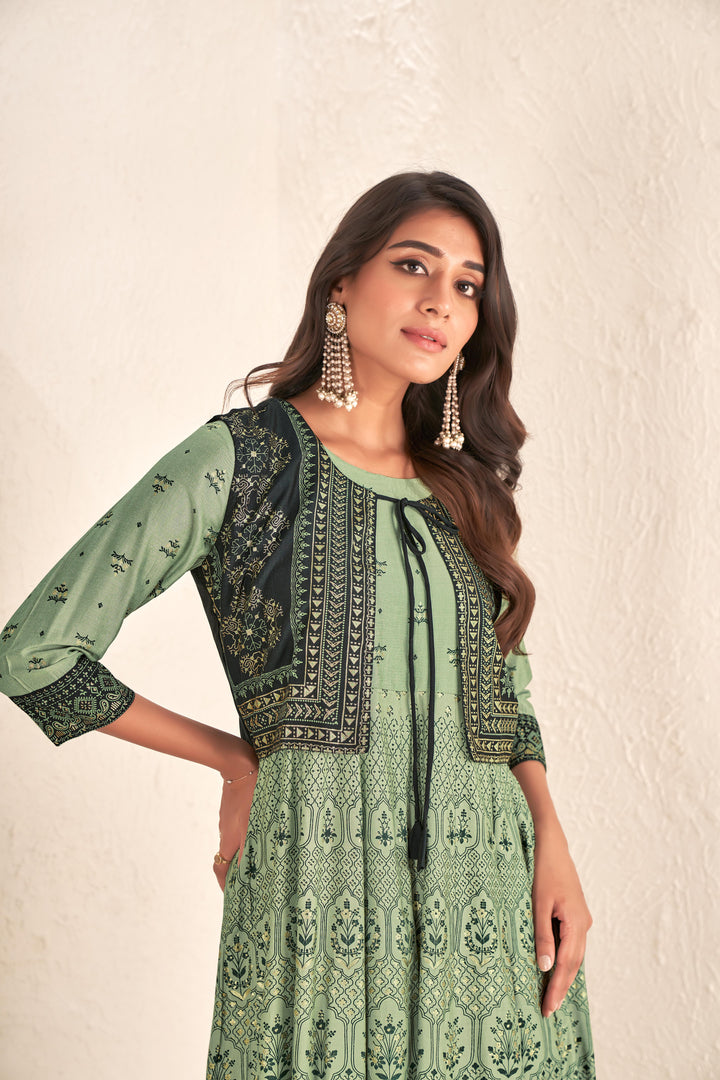 Versatile Green Kurti | Foil Printed Design with Calf-Length & Three-Quarter Sleeves