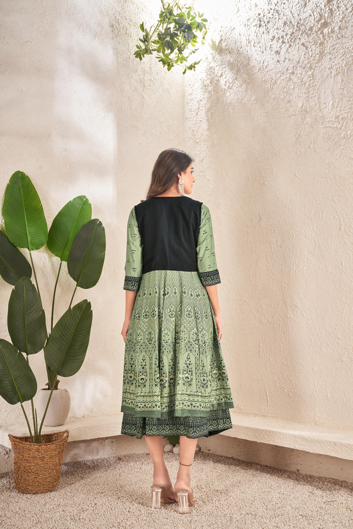 Versatile Green Kurti | Foil Printed Design with Calf-Length & Three-Quarter Sleeves