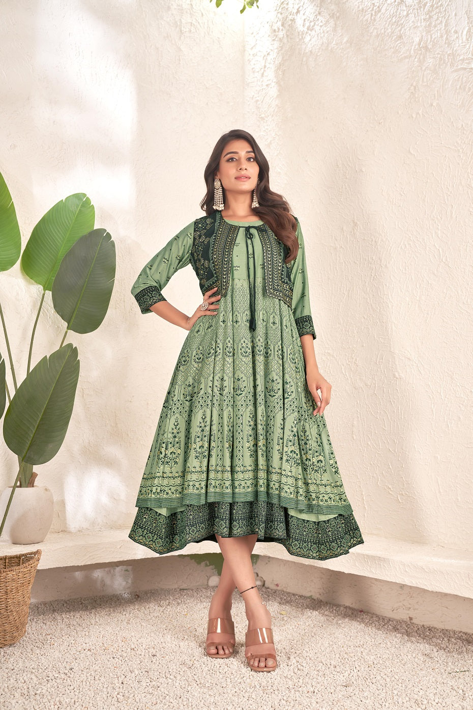 Versatile Green Kurti | Foil Printed Design with Calf-Length & Three-Quarter Sleeves