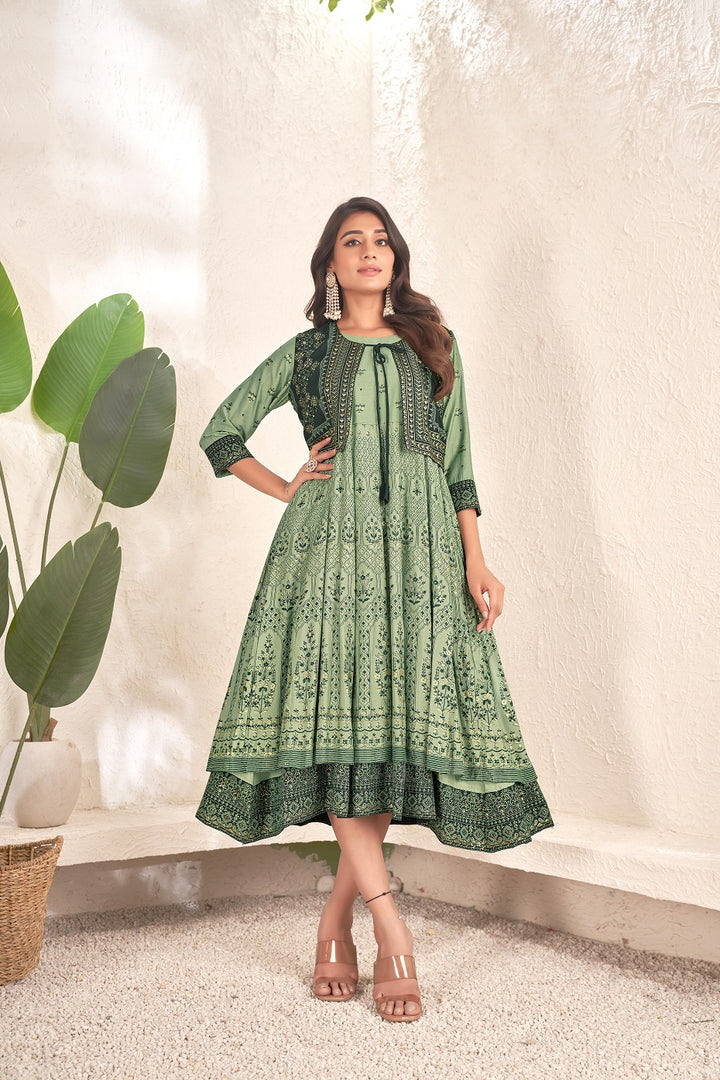 Versatile Green Kurti | Foil Printed Design with Calf-Length & Three-Quarter Sleeves