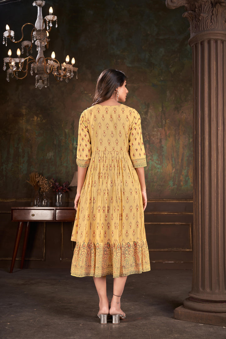 Trendy Mustard Kurti | Designer Foil Print for Office & Casual Wear