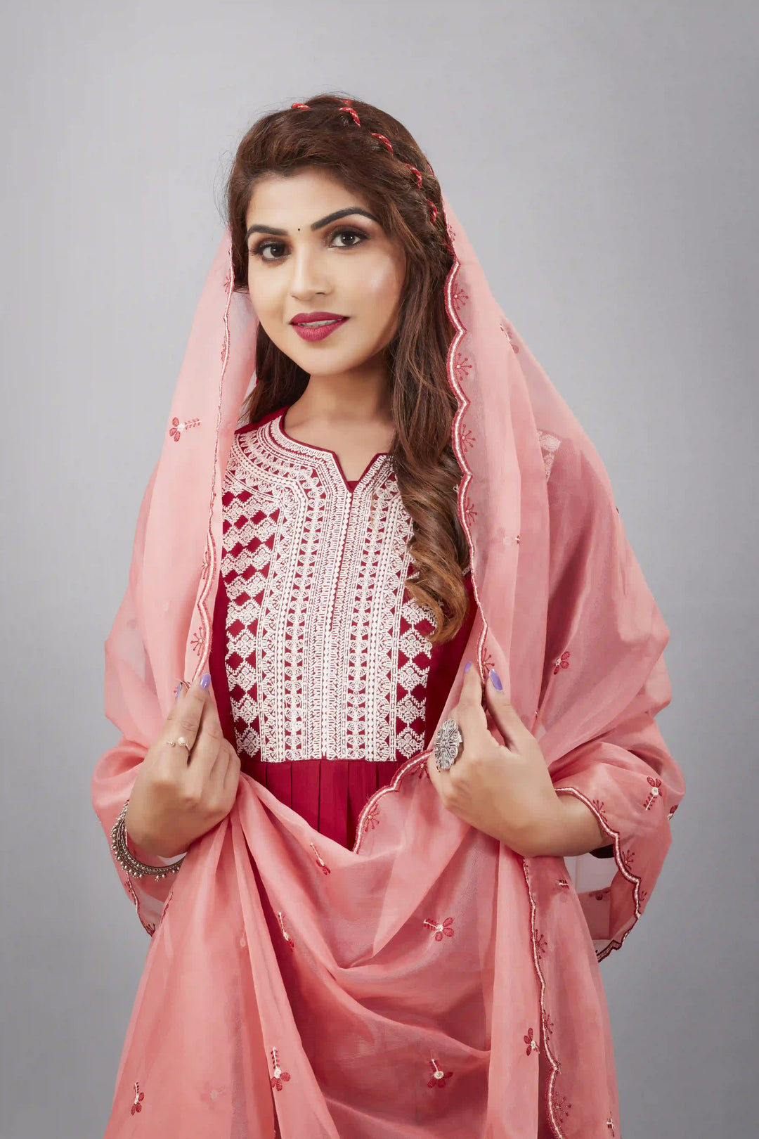 Designer Muslin Silk Top | Organza Dupatta with Lukhnowi Work