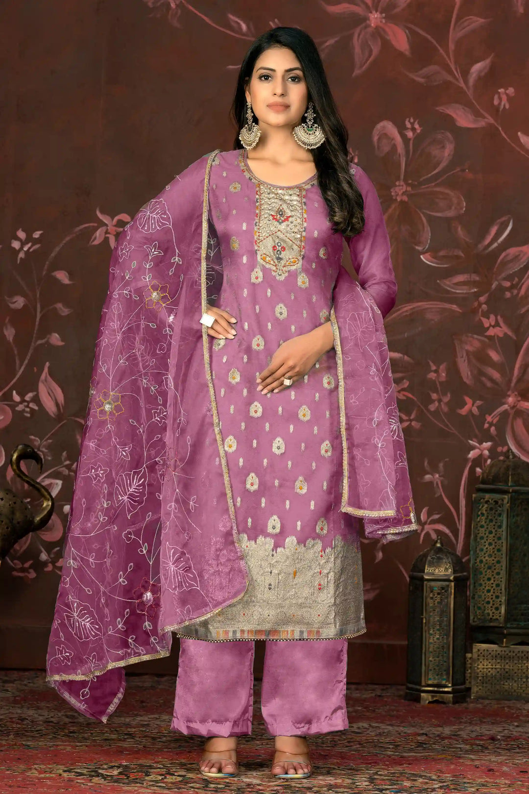 Elegant Organza Wevon Hand Work Suit | Santoon Bottom & Dupatta Set