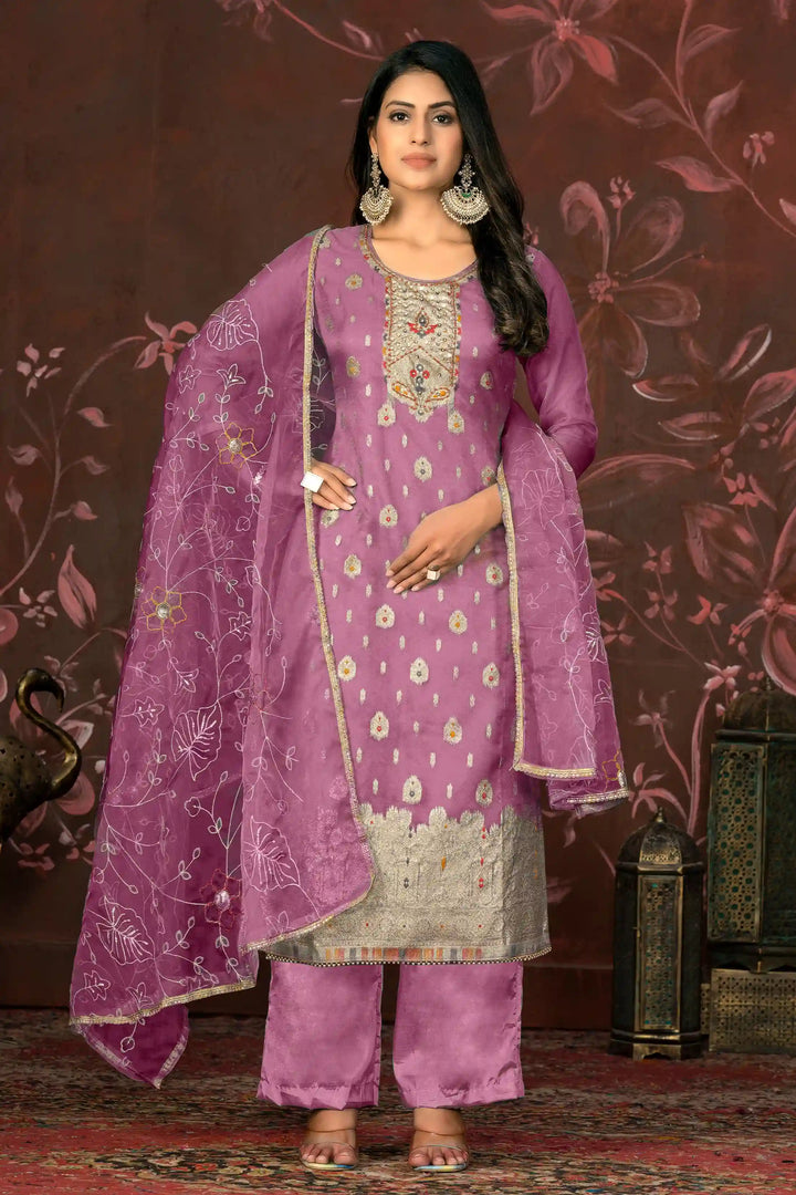 Elegant Organza Wevon Hand Work Suit | Santoon Bottom & Dupatta Set