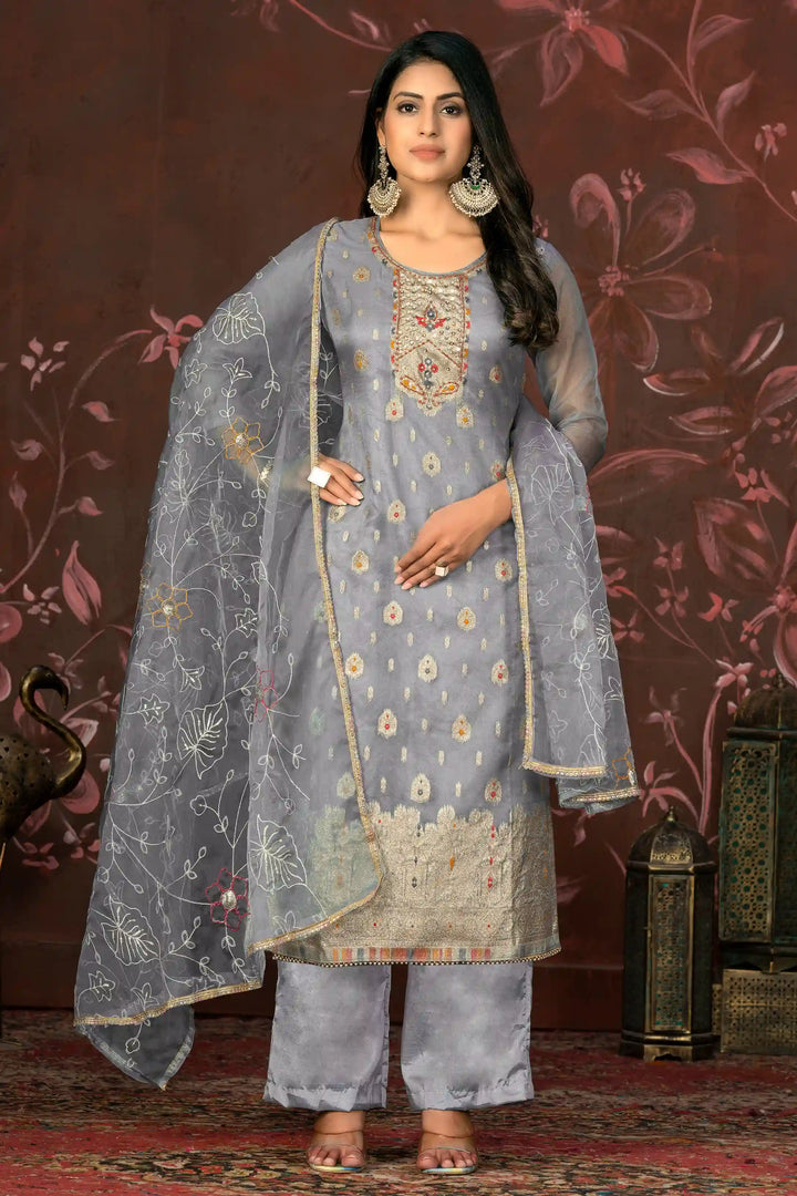 Elegant Organza Wevon Hand Work Suit | Santoon Bottom & Dupatta Set