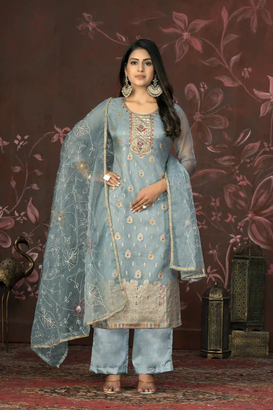 Elegant Organza Wevon Hand Work Suit | Santoon Bottom & Dupatta Set