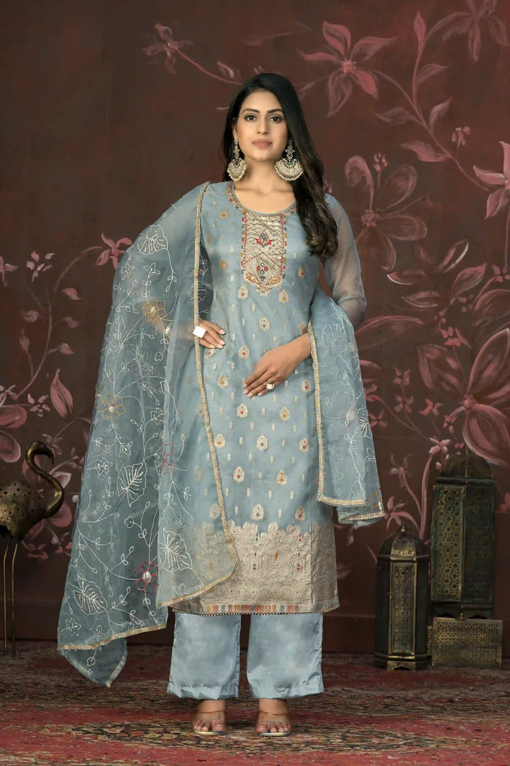 Elegant Organza Wevon Hand Work Suit | Santoon Bottom & Dupatta Set