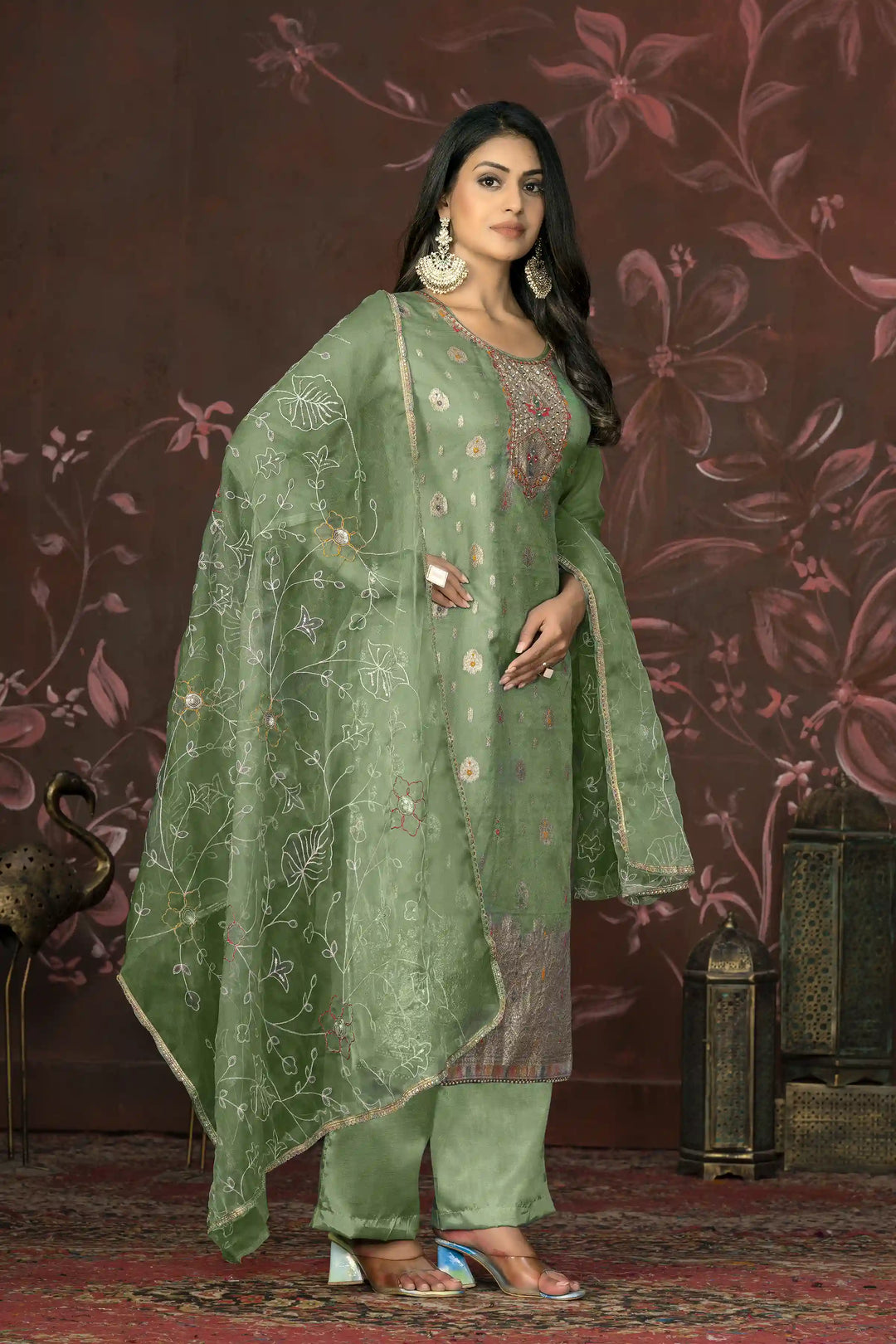 Elegant Organza Wevon Hand Work Suit | Santoon Bottom & Dupatta Set