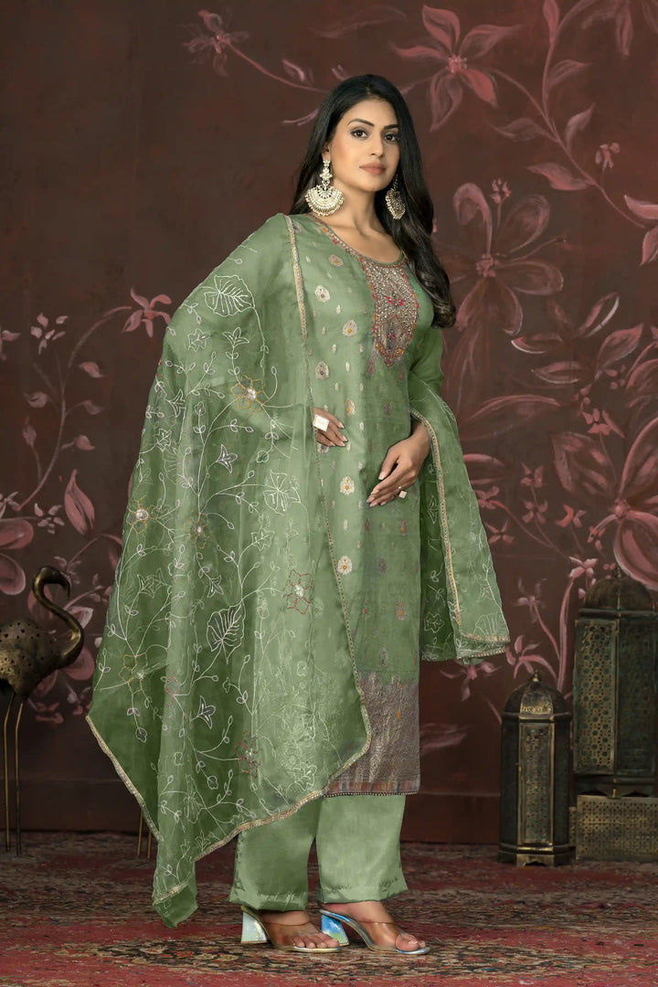 Elegant Organza Wevon Hand Work Suit | Santoon Bottom & Dupatta Set