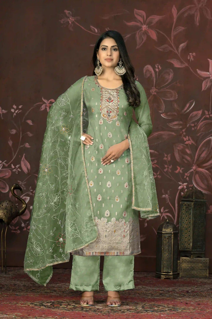 Elegant Organza Wevon Hand Work Suit | Santoon Bottom & Dupatta Set