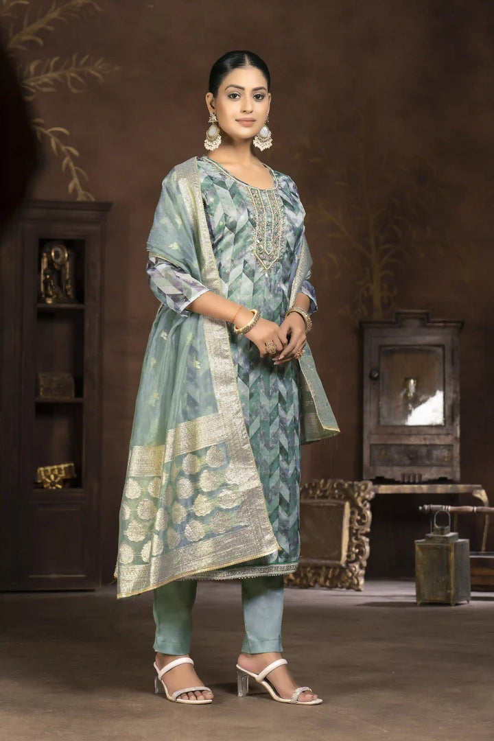 Organza Suit With Santoon Bottom | Elegant Wevon Hand Work Design