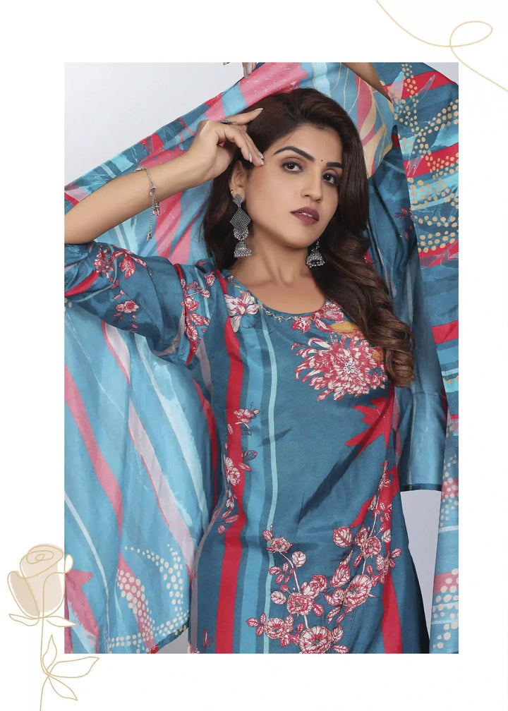 Elegant Muslin Silk Blue Kurti Set | Designer Embroidery Stylish Look