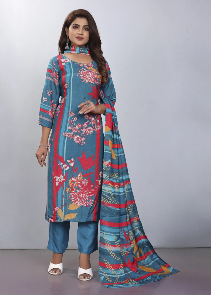 Elegant Muslin Silk Blue Kurti Set | Designer Embroidery Stylish Look