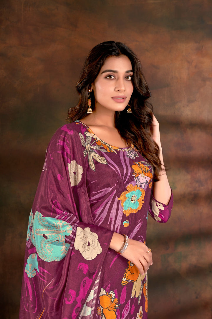 Designer Party Wear Purple Kurti Set | Elegant Round Neck & Dupatta