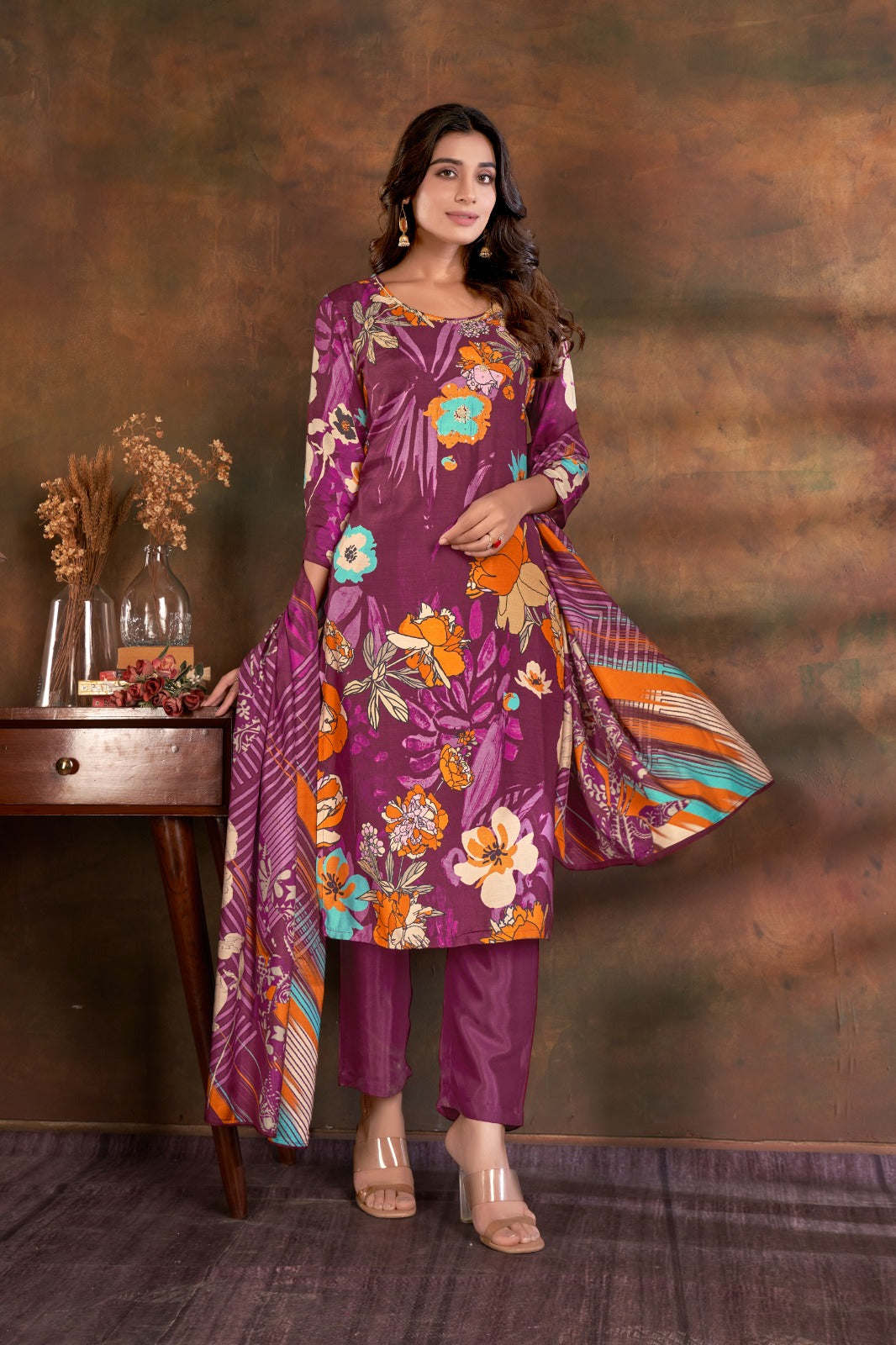 Designer Party Wear Purple Kurti Set | Elegant Round Neck & Dupatta
