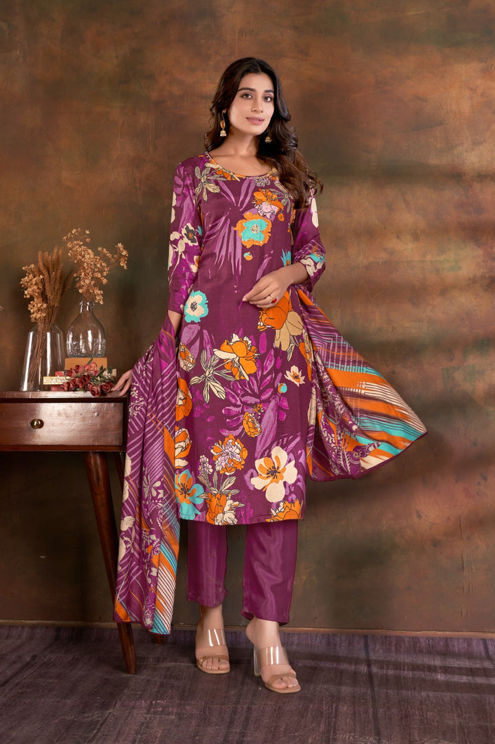 Designer Party Wear Purple Kurti Set | Elegant Round Neck & Dupatta