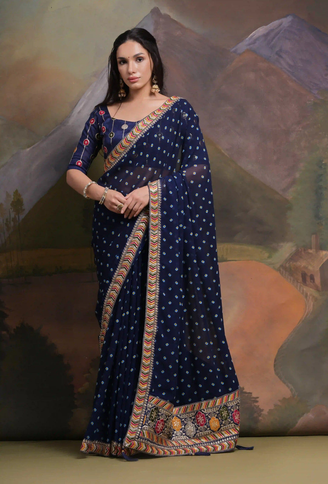 Elegant Georgette Saree with Printed Sequins & Lace Work | Wedding Festive Wear