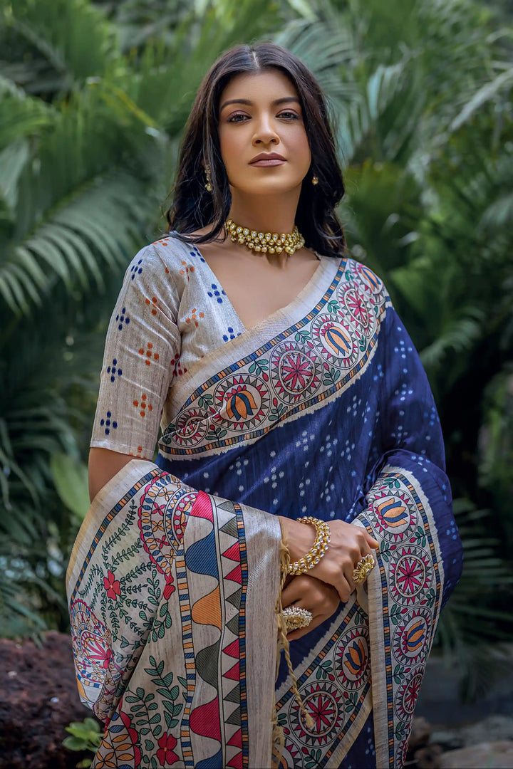 Designer Madhubani-Printed Tusser Silk Saree | Elegant Traditional Wear for Weddings & Special Events
