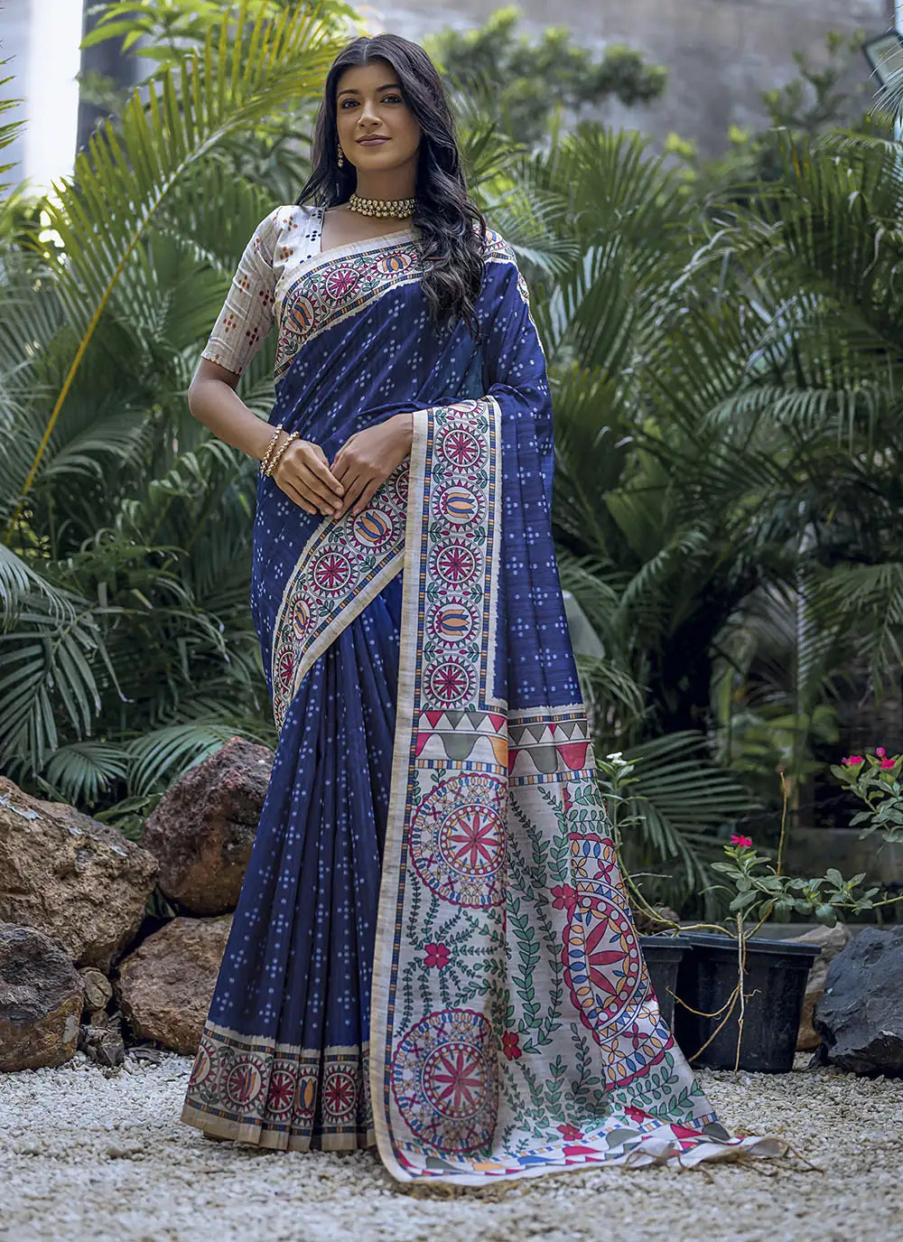 Designer Madhubani-Printed Tusser Silk Saree | Elegant Traditional Wear for Weddings & Special Events