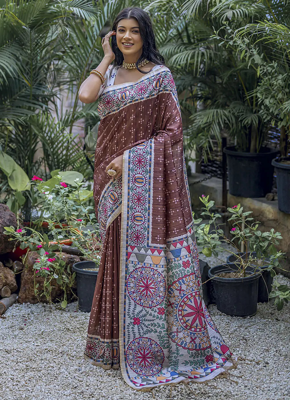 Designer Madhubani-Printed Tusser Silk Saree | Elegant Traditional Wear for Weddings & Special Events