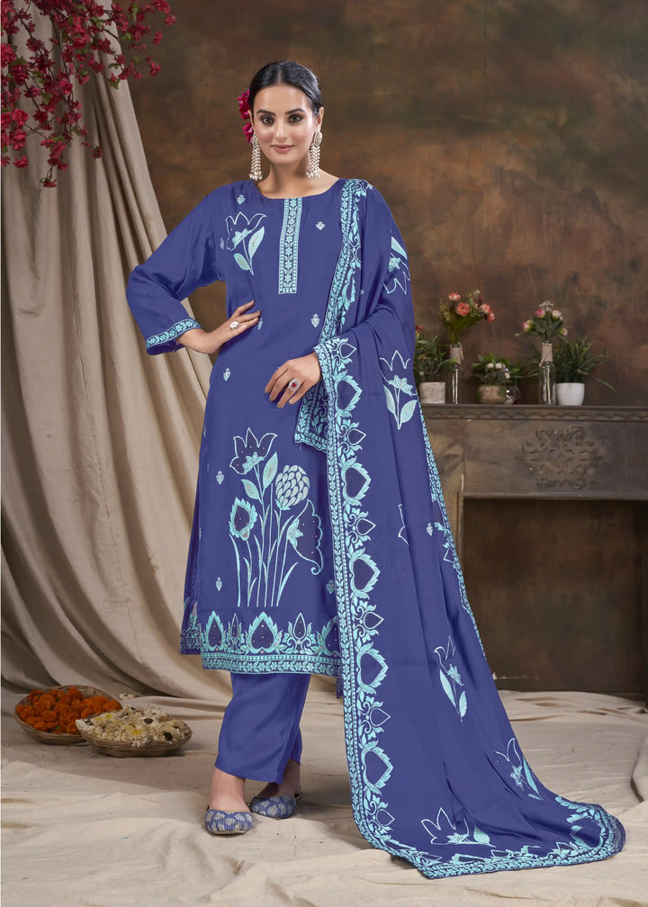 Elegant Wevon Embroidered Kurti Set | Gadwal Silk Bottoms & Dupatta