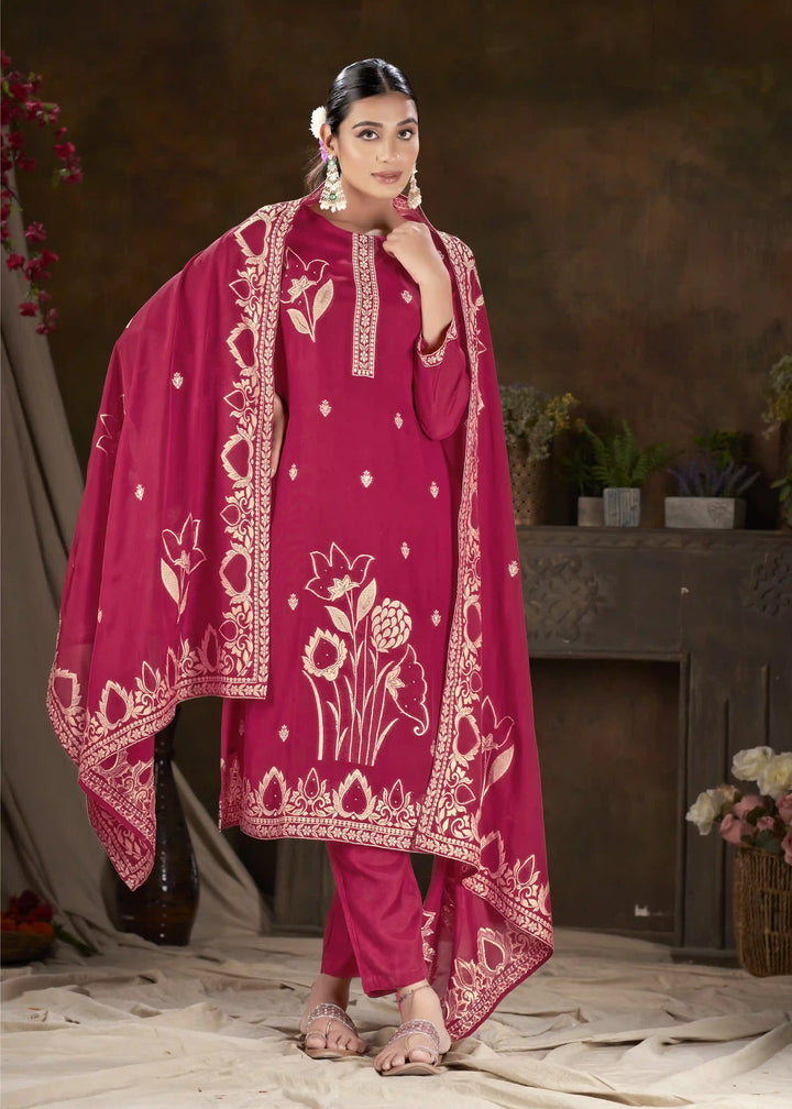 Elegant Wevon Embroidered Kurti Set | Gadwal Silk Bottoms & Dupatta