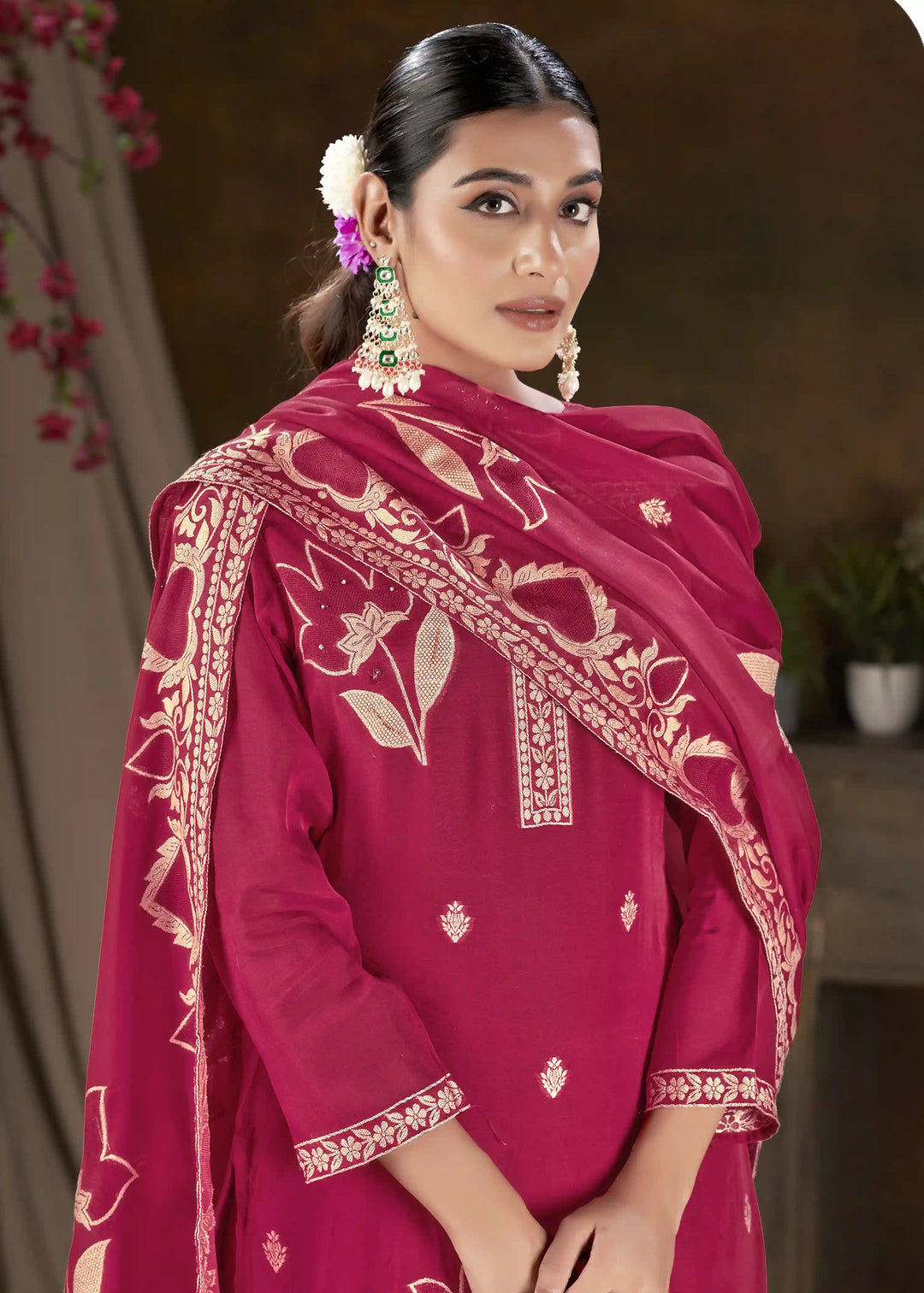 Elegant Wevon Embroidered Kurti Set | Gadwal Silk Bottoms & Dupatta