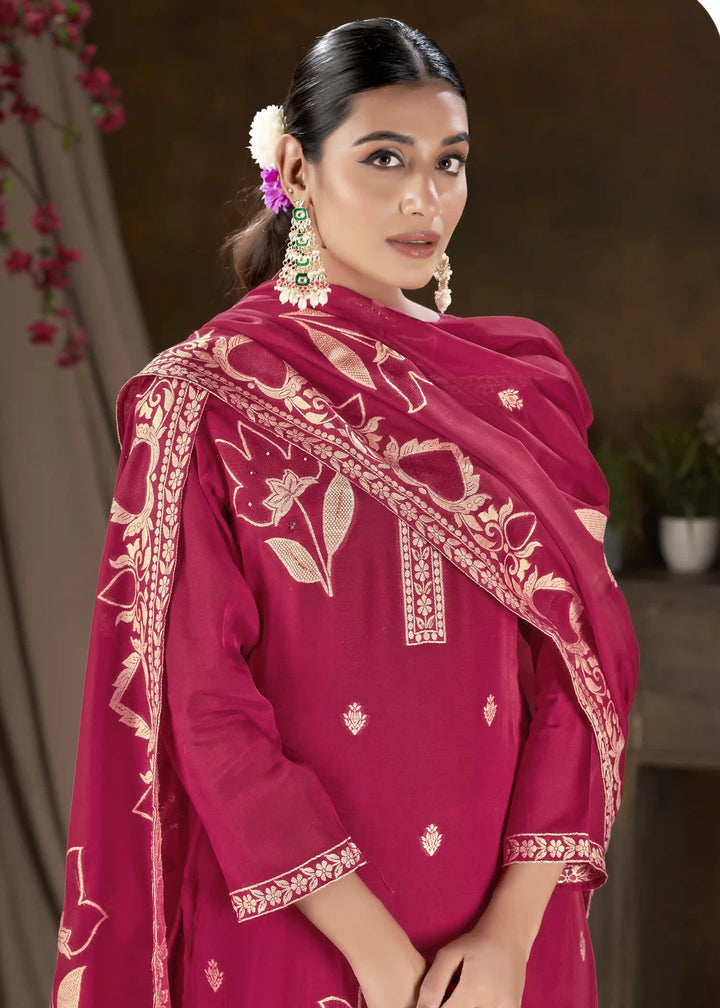 Elegant Wevon Embroidered Kurti Set | Gadwal Silk Bottoms & Dupatta
