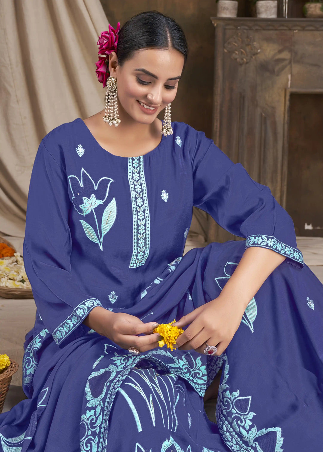 Elegant Wevon Embroidered Kurti Set | Gadwal Silk Bottoms & Dupatta