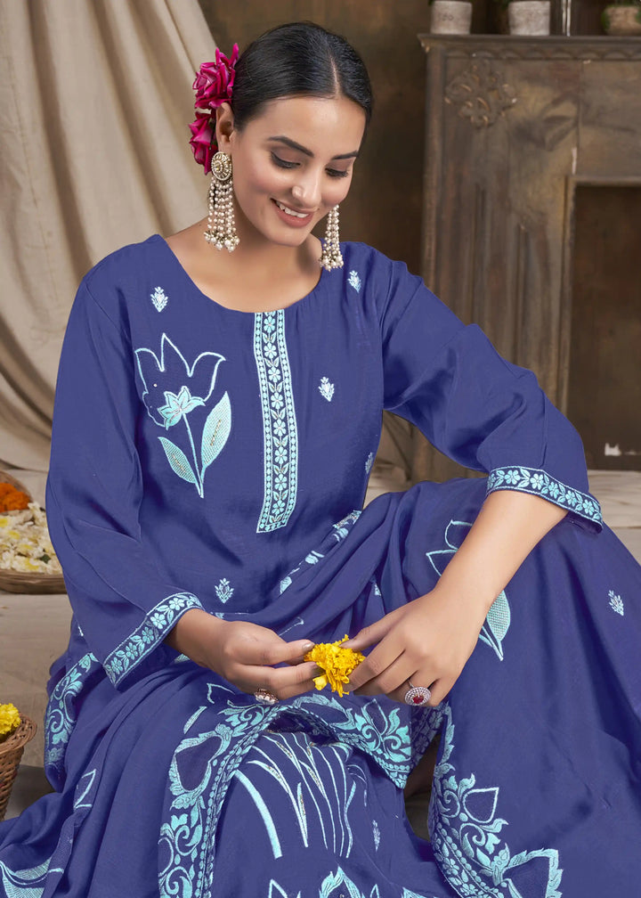 Elegant Wevon Embroidered Kurti Set | Gadwal Silk Bottoms & Dupatta