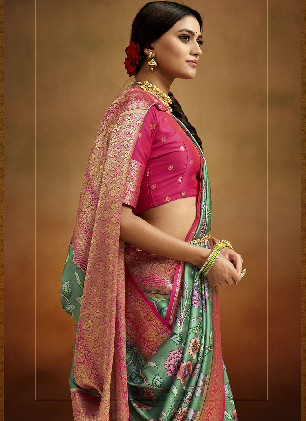 Teal Banarasi Silk Saree | Wevon Designer Digital Print for Weddings & Festivities