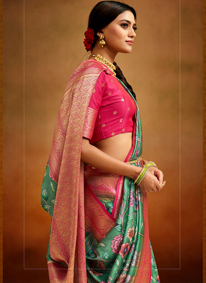 Teal Banarasi Silk Saree | Wevon Designer Digital Print for Weddings & Festivities