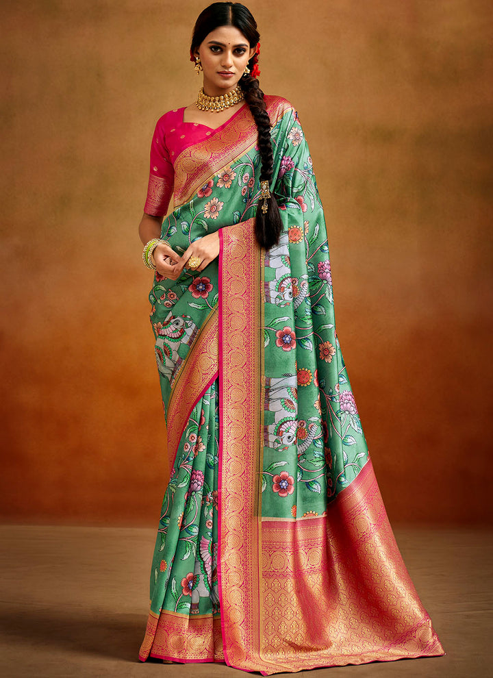 Teal Banarasi Silk Saree | Wevon Designer Digital Print for Weddings & Festivities
