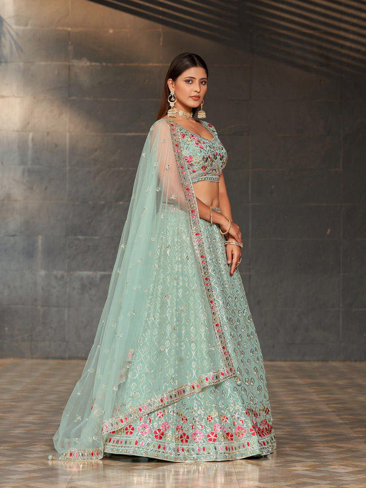 Elegant Sky Blue Georgette Lehenga Choli | Paired with Soft Net Dupatta